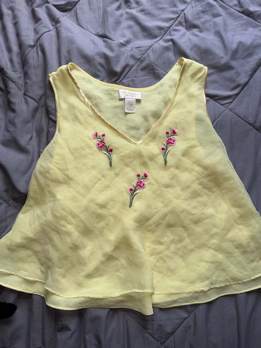 Victoria's Secret Vintage Yellow Chiffon Floral Embroidered V-Neck Tank Top Size